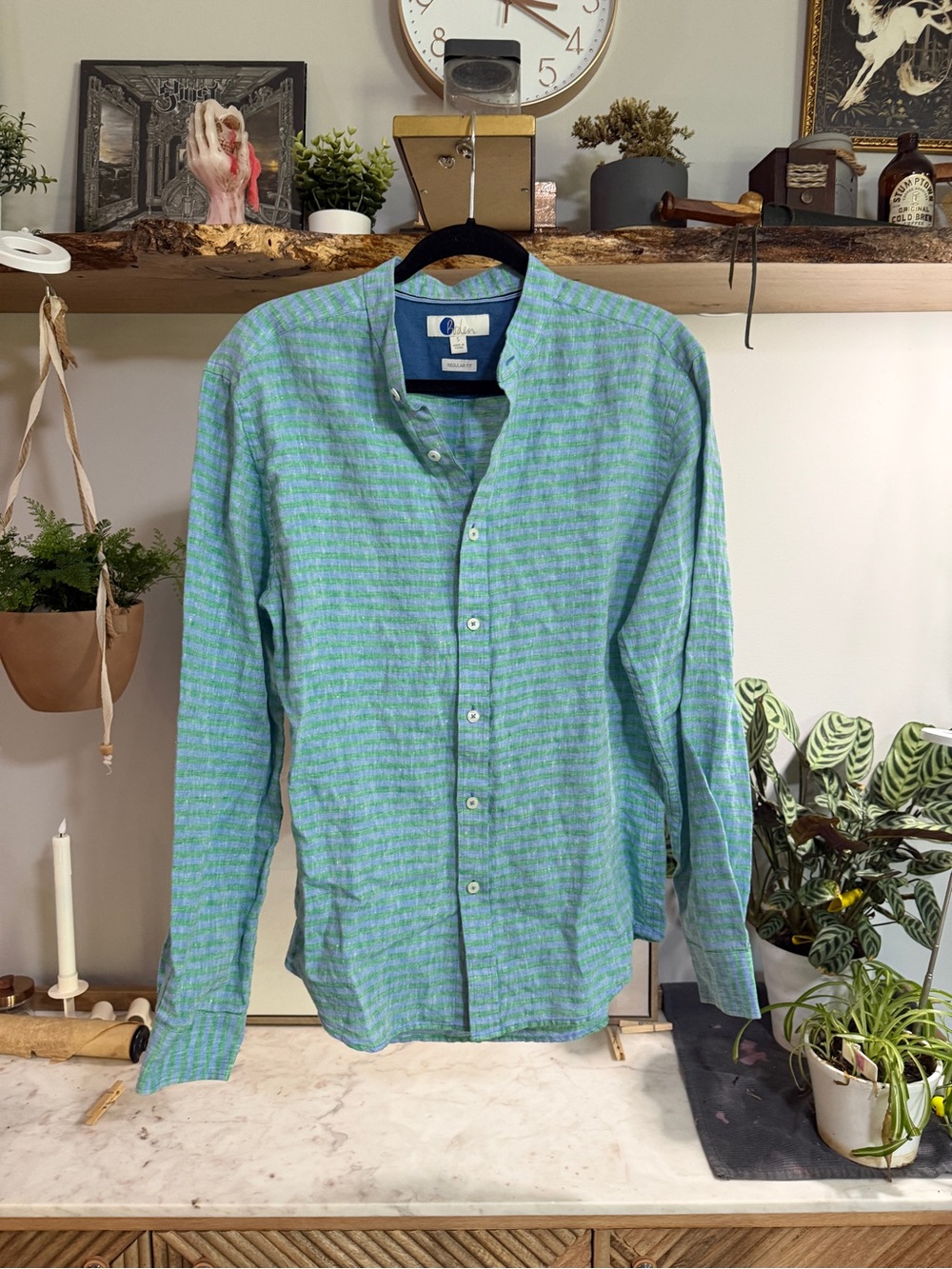 Boden 100% Linen Green and Blue Striped Band-Collar Button-Down Shirt